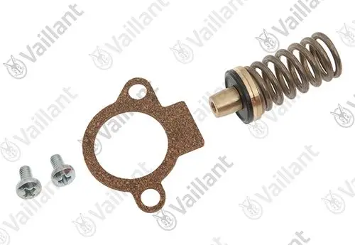 Vaillant Wassermangelventil mit einer Druckfeder und einem Dichtungsring, begleitet von zwei Schrauben und einer Dichtung.